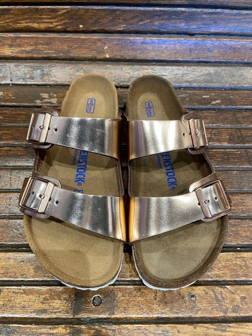 Birkenstock Arizona Metallic Rose Sandals with Dual Buckles